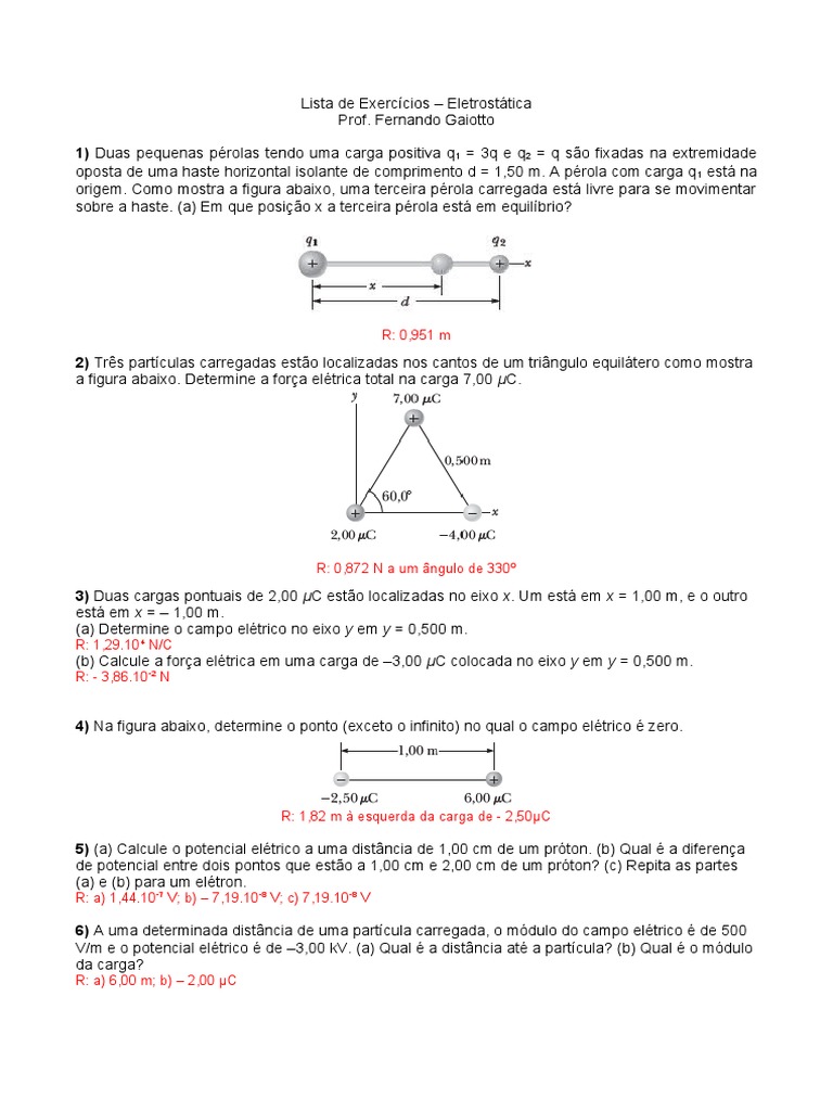 Lista de Exercícios de Eletrostática | PDF | Carga elétrica | Capacitor