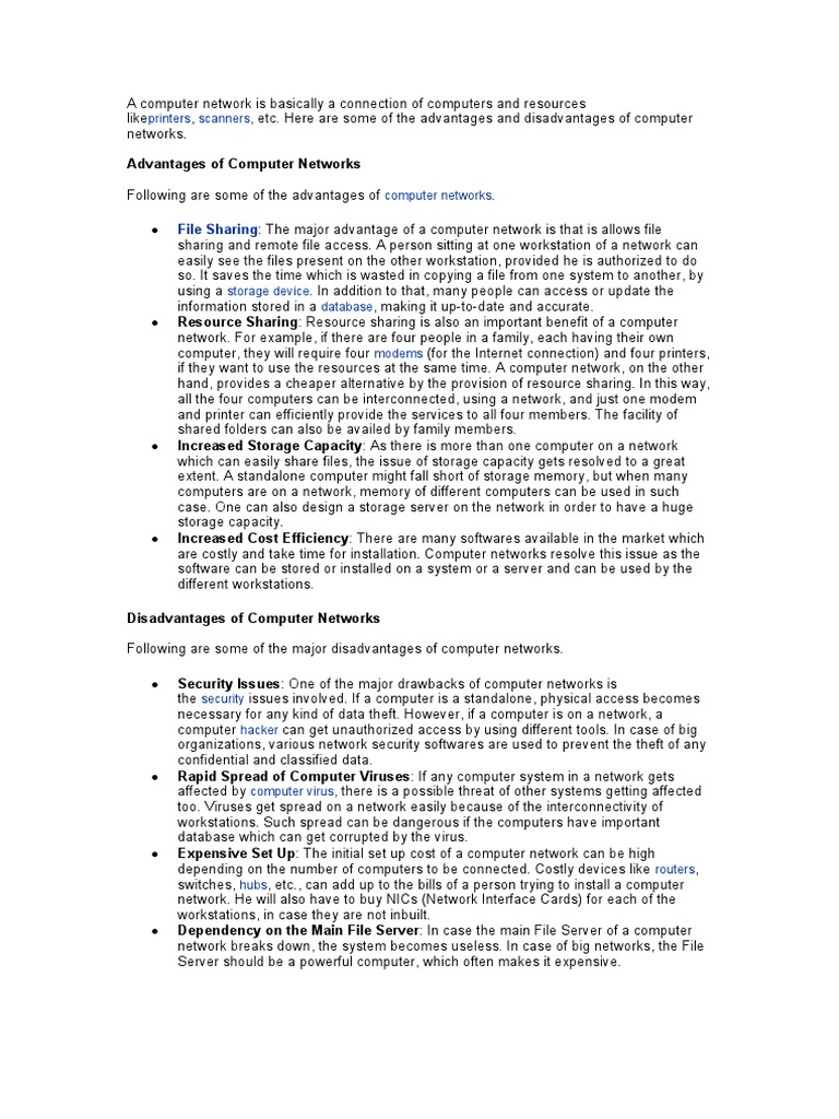Pros and Cons of Computer Networks | PDF | Computer Network | Computer File