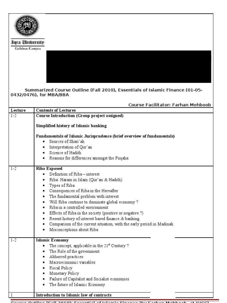 Essentials of Islamic Finance Course Outline | PDF | Islamic Banking ...