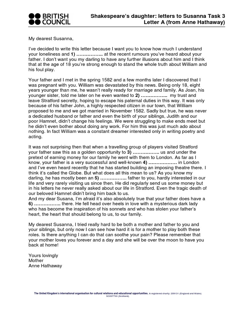 Shakespeare's Daughter: Letters To Susanna Task 3 Letter A (From Anne ...
