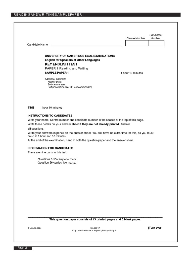 KET University of Cambridge ESOL Examination. | PDF