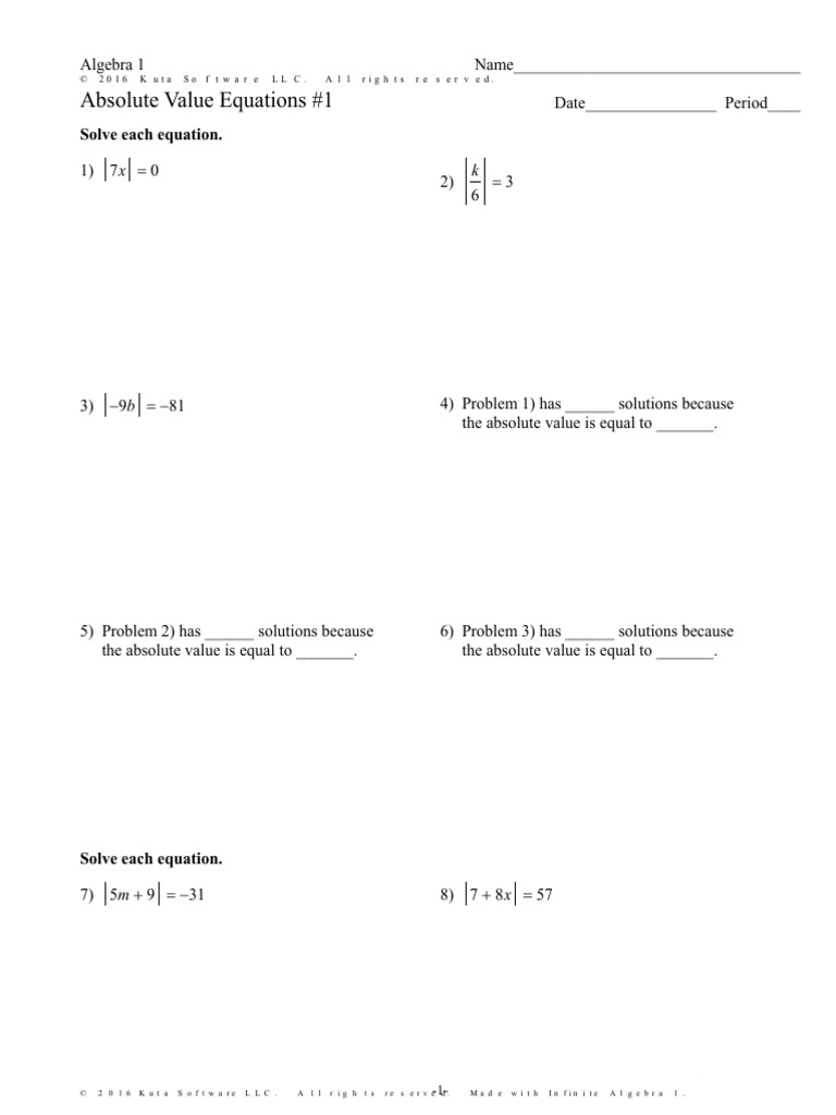 Absolute Value Equations #1 PDF | PDF | Equations | Elementary Mathematics
