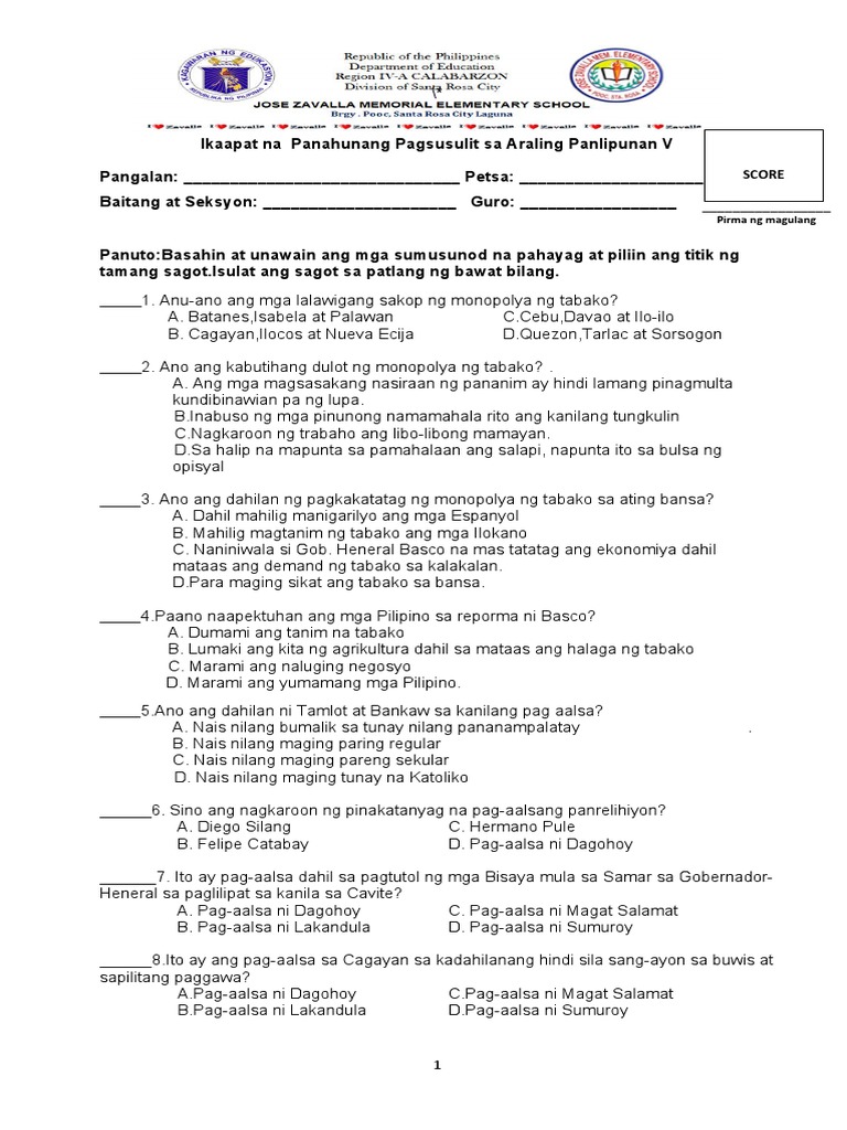 FOURTH Periodical Test in AP 5 New | PDF