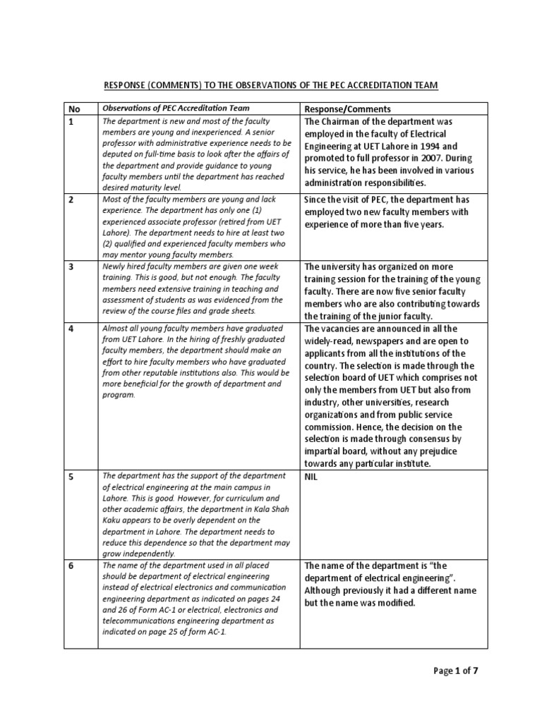 PEC Accreditation Response Overview | PDF | Laboratories | Course Credit