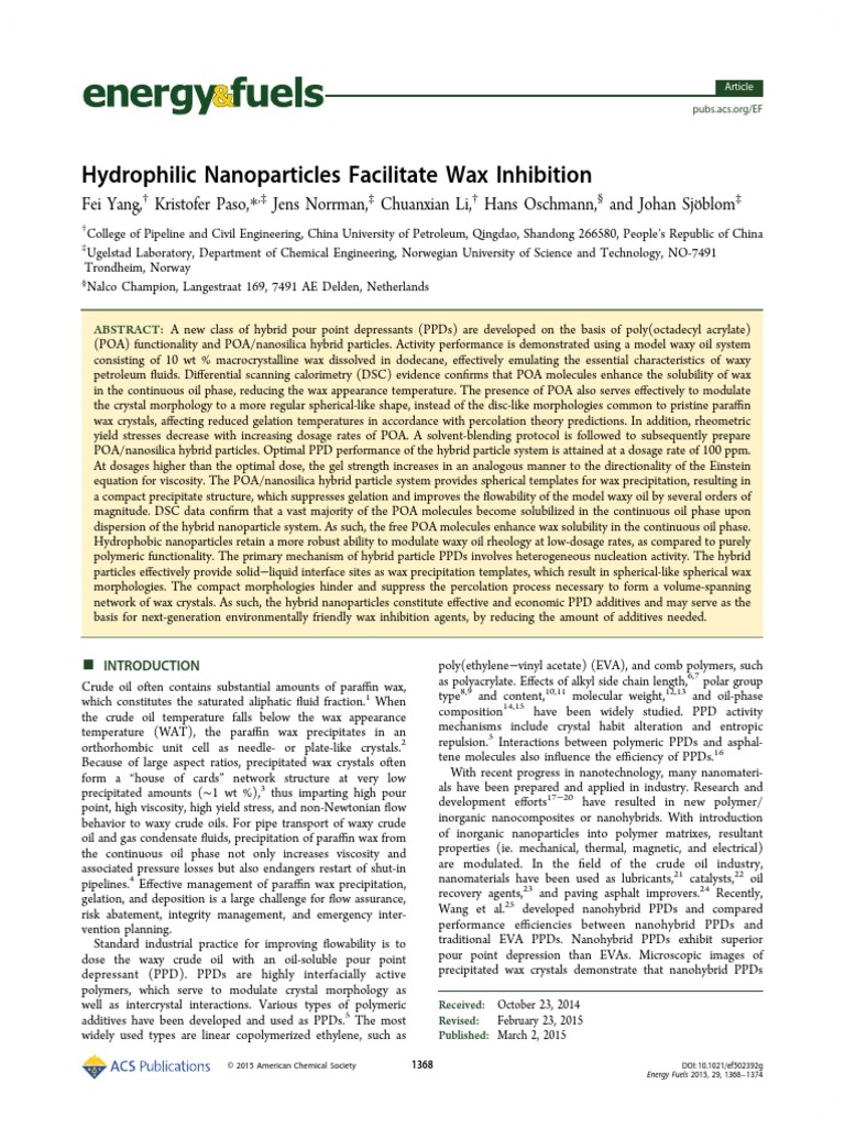 Hydrophilic Nanoparticles Facilitate Wax Inhibition PDF