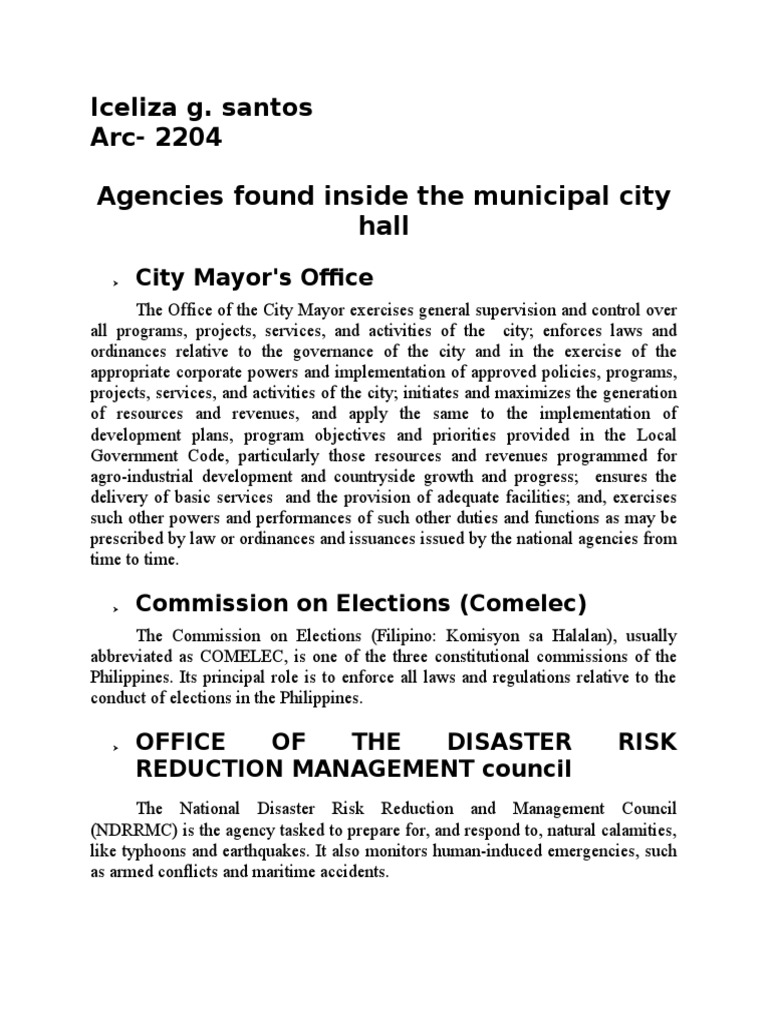 Agencies Found Inside The Municipal City Hall Iceliza G. Santos Arc