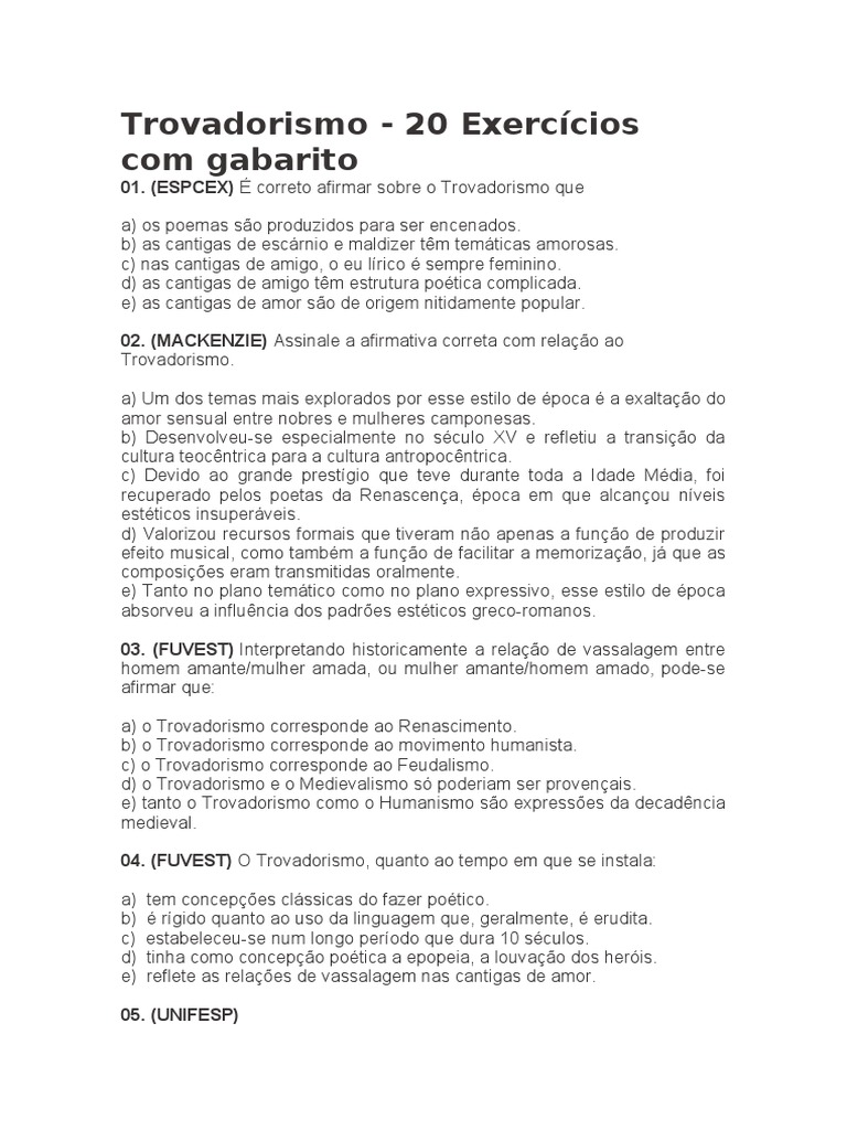 Exercícios sobre Trovadorismo com Gabarito | PDF | Poesia | Amor