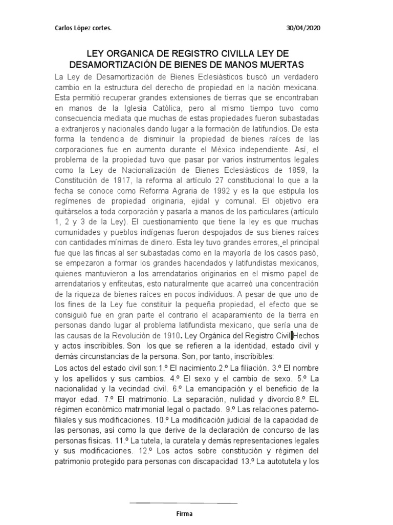 Ley Organica de Registro Civilla Ley de Desamortización de Bienes de Manos Muertas PDF