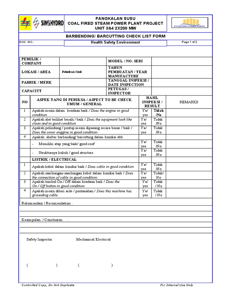 Formulir Cek Barbending dan Barcutting | PDF | Teknologi & Rekayasa