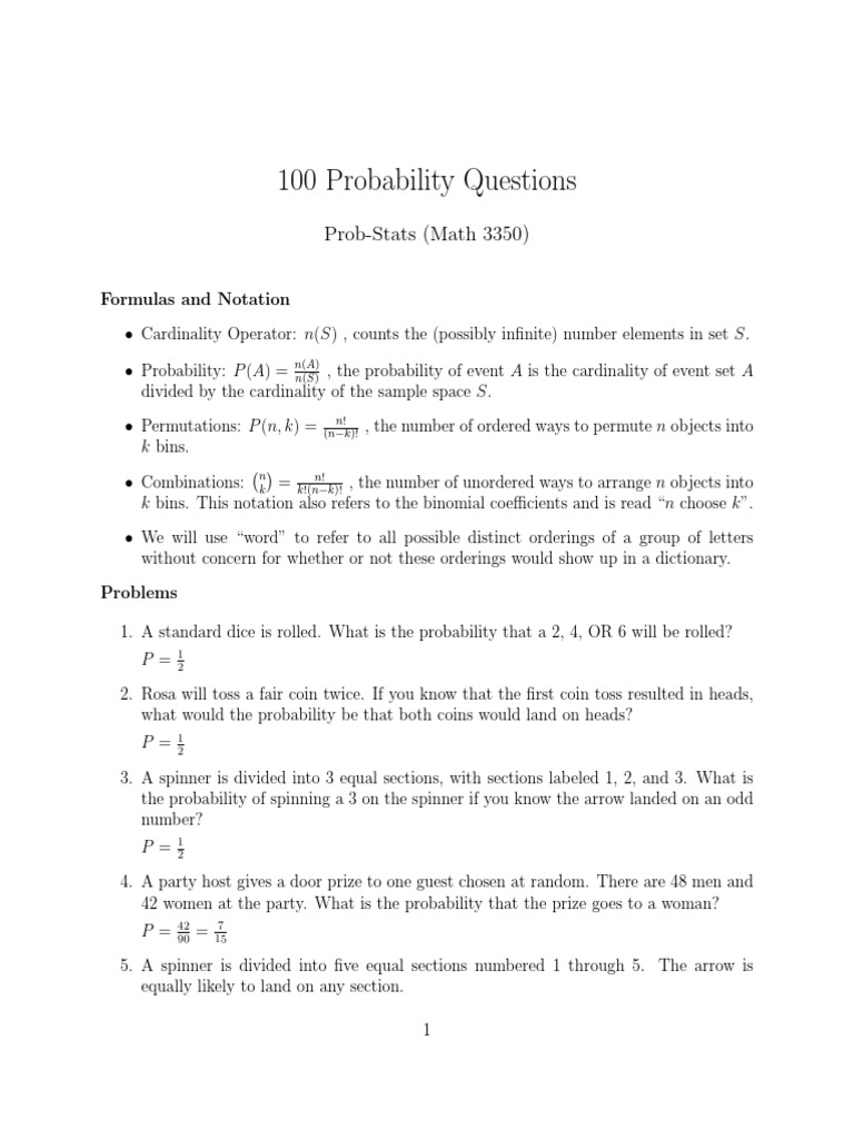100 Probability Questions - UNG PDF | PDF | Probability Density ...