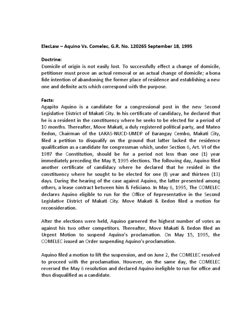 Eleclaw aquino vs comelec g r no 120265 september 18 1995 pdf