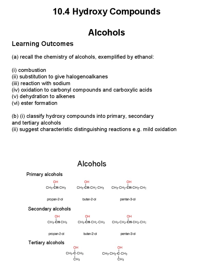 10.4 Hydroxy Compounds Alcohols: Learning Outcomes | PDF | Alcohol | Ester