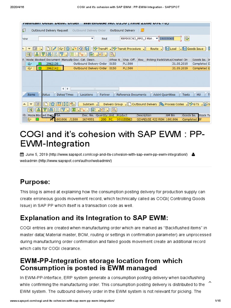 COGI and It's Cohesion With SAP EWM PPEWMIntegration Delivery