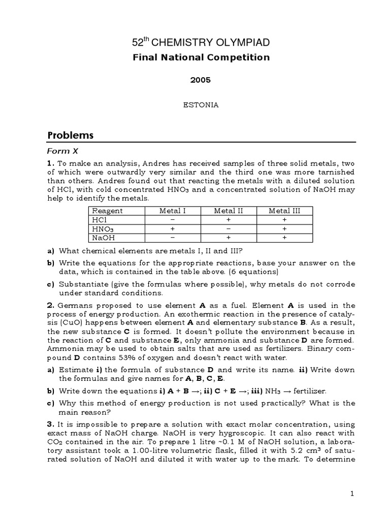 52 CHEMISTRY OLYMPIAD Problems | PDF | Chemical Reactions | Chlorine