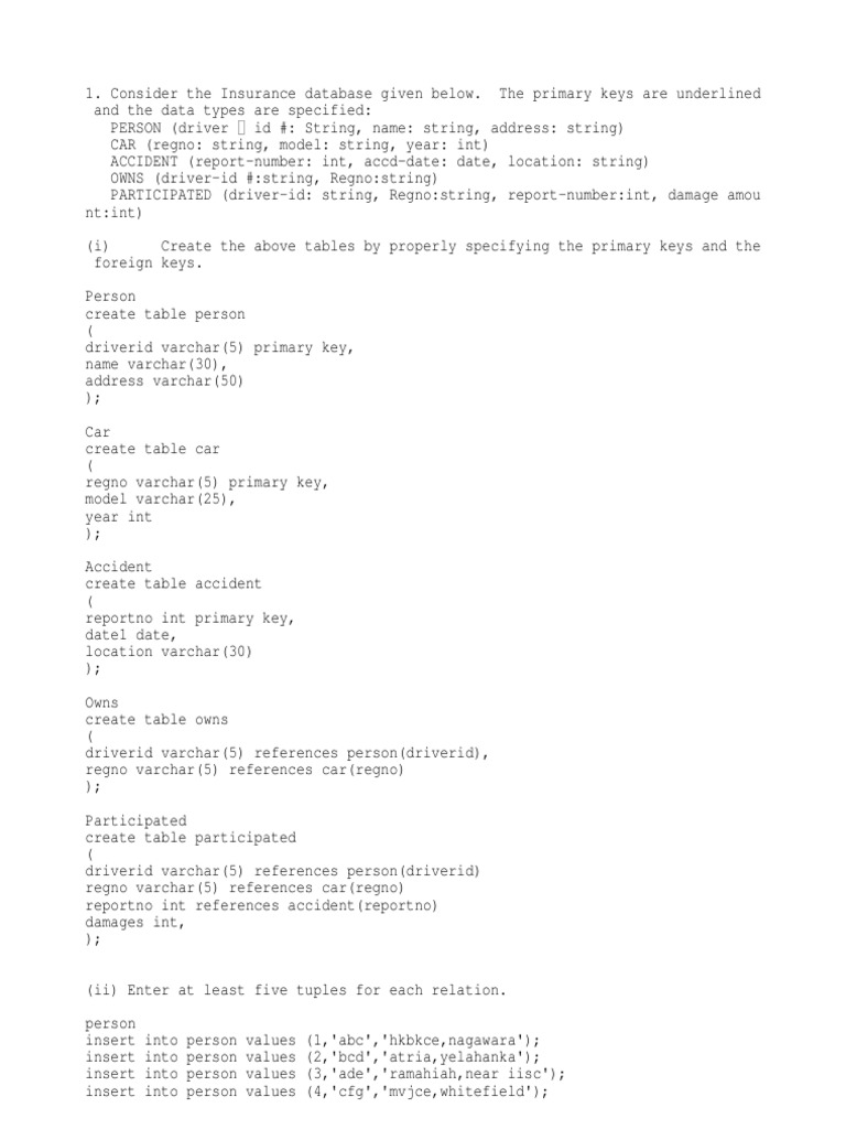 Insurance Database SQL Schema and Queries | PDF | Data Model ...