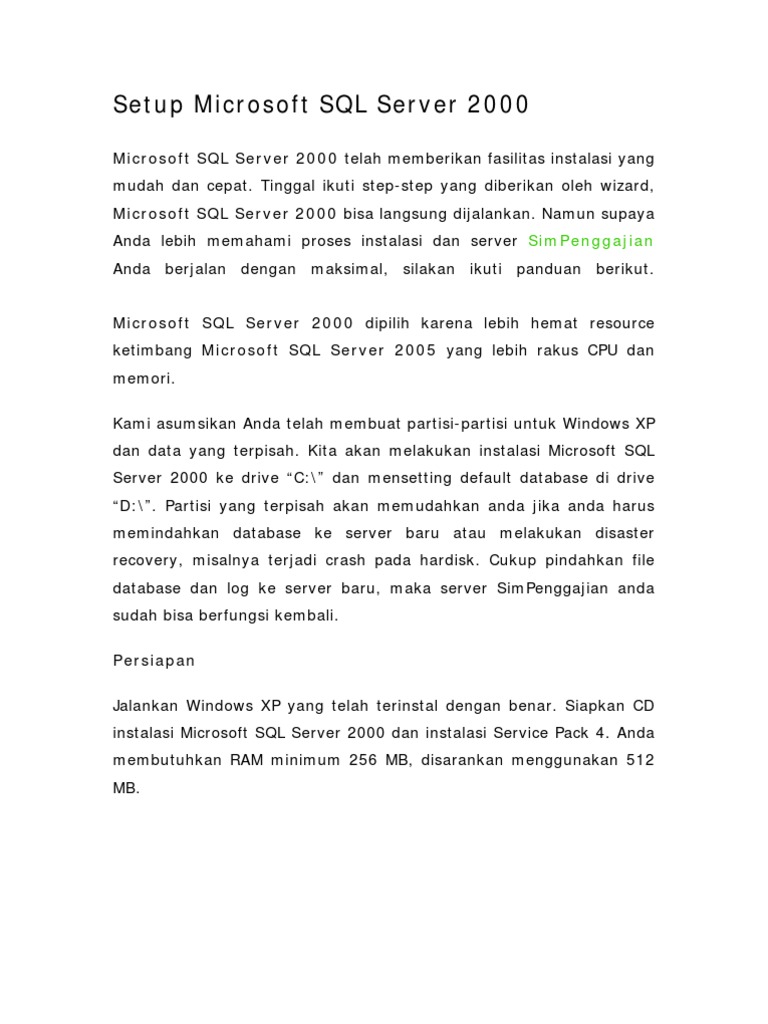 Setup Microsoft SQL Server 2000 | PDF