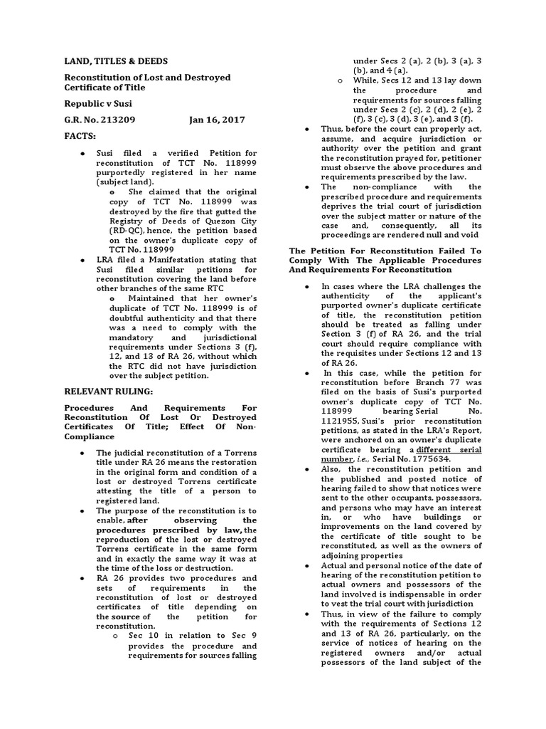 Land Titles Deeds Reconstitution of Lost and Destroyed Certificate