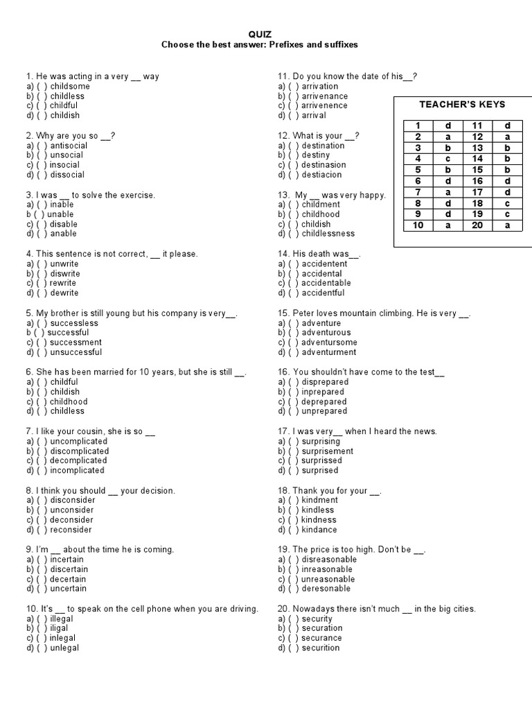 Choose the best answer: Prefixes and suffixes