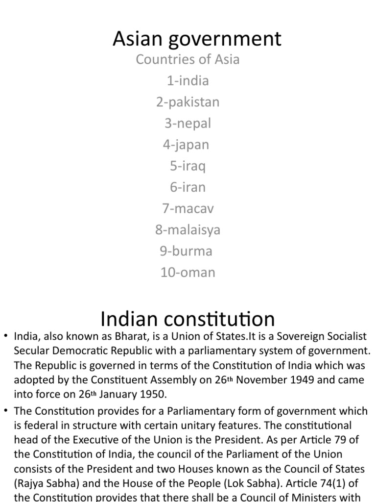 Asian Government: Countries of Asia 1-India 2-Pakistan 3-Nepal 4-Japan ...