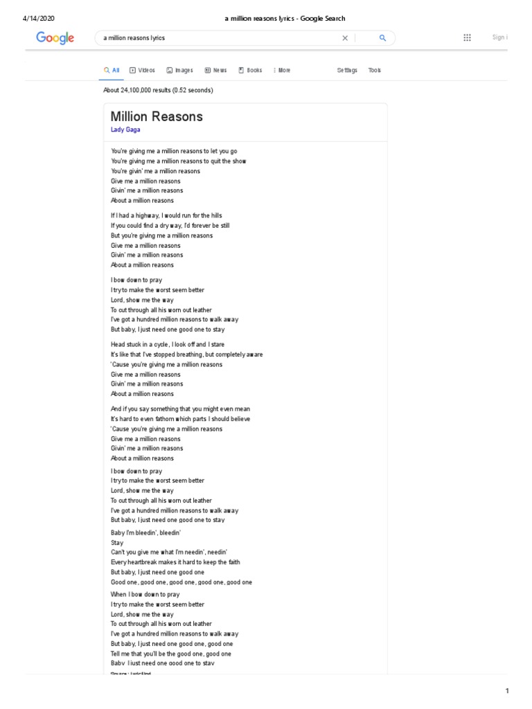 A Million Reasons Lyrics Google Search Popular Music Vocal Music