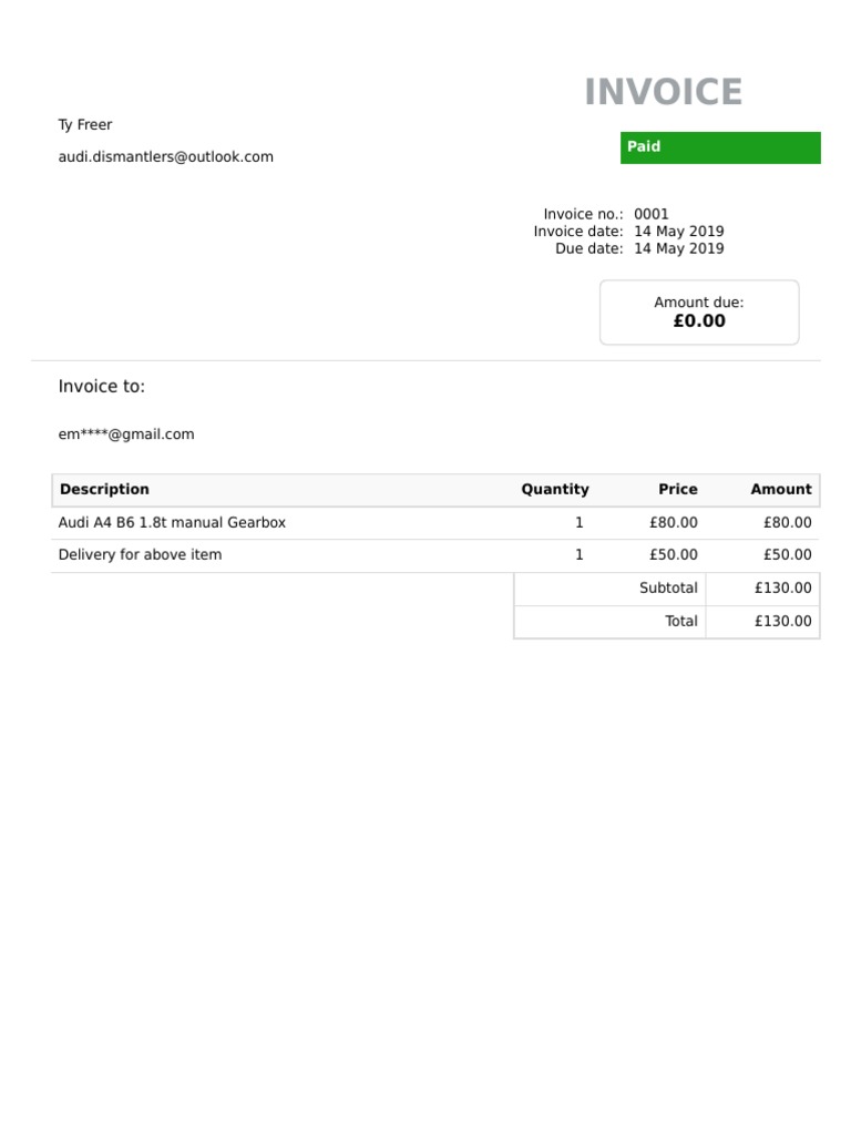 Audi Invoice No. 0001 - Paid | PDF