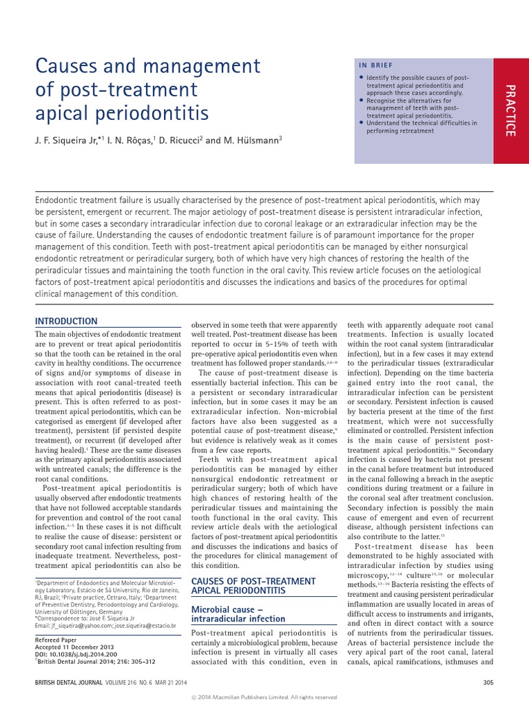 Causes and Management of Post-Treatment Apical Periodontitis | PDF ...