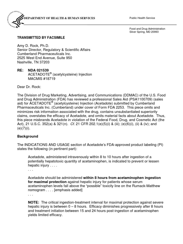 2010 - Acetadote Letter - DDMAC Letter (PDF - 91KB) | PDF | Food And ...
