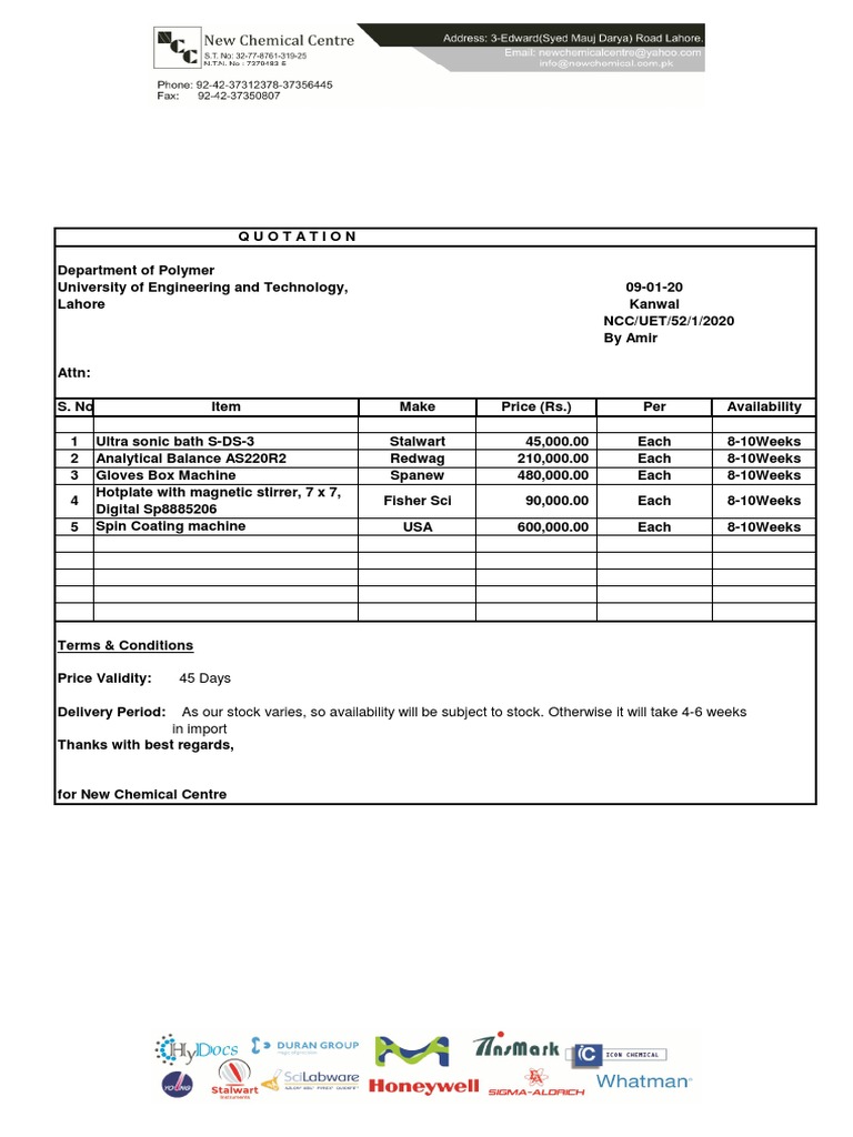 UET Polymer Department Equipment Quotation | PDF
