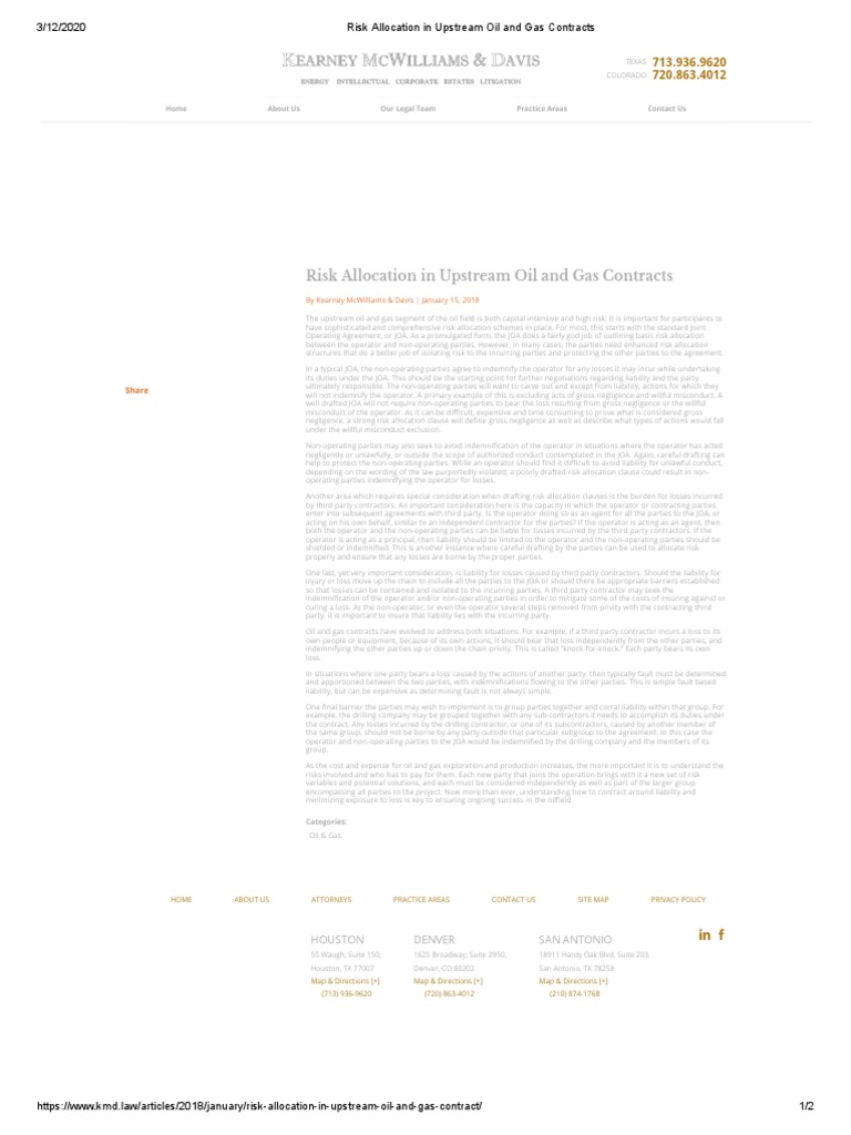 Risk Allocation in Upstream Oil and Gas Contracts PDF PDF Indemnity Justice
