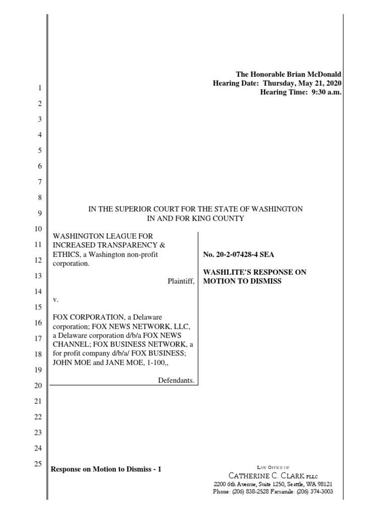 WASHLITE v. Fox News Response To Motion To Dismiss PDF Federal