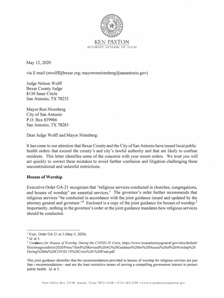 Texas AG Letter on Local Health Orders | PDF