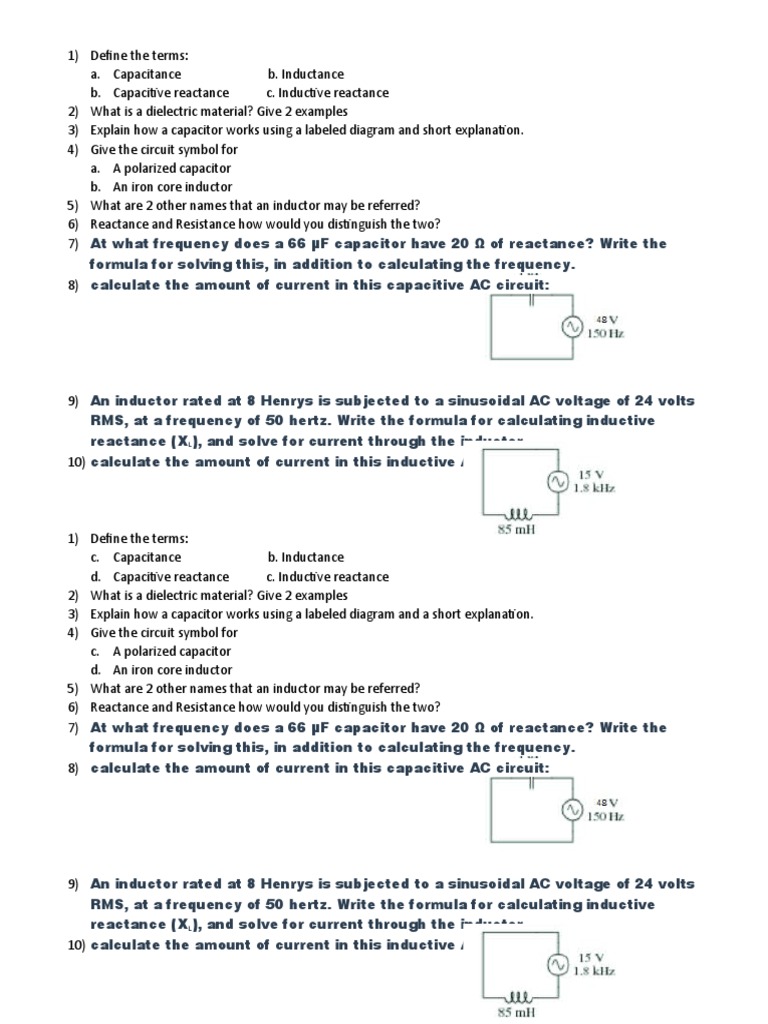 Inductor and Capacitor Quiz PDF