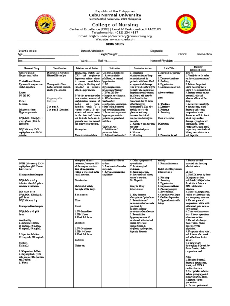 Drug Study on the Pharmacological Properties, Clinical Uses, Nursing