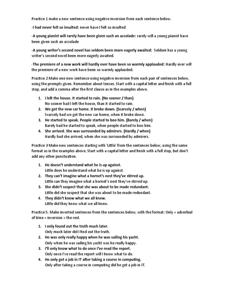 Mastering Negative Inversion Through Practice Exercises | PDF ...