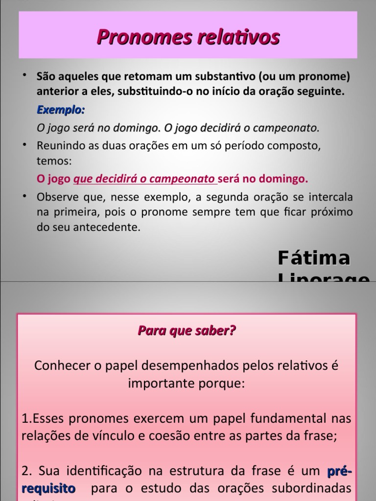 Uso e Função dos Pronomes Relativos | PDF | Pronome | Preposição e ...