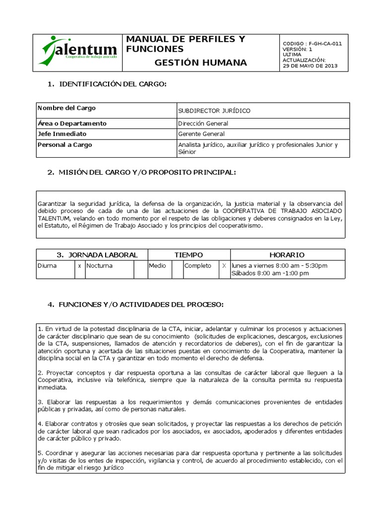 Subdirector Jurídico | PDF | Cooperativa | Derecho laboral