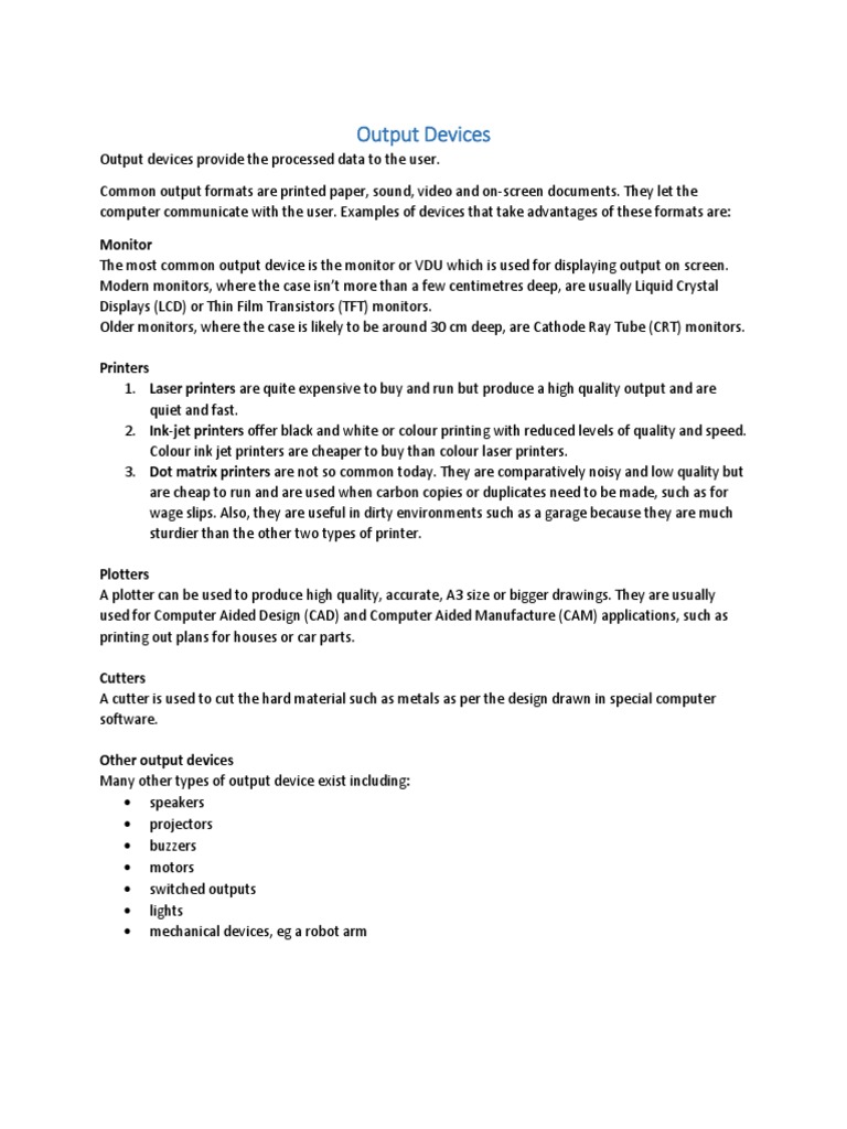 Overview of Output Devices | PDF | Computer Monitor | Printer (Computing)