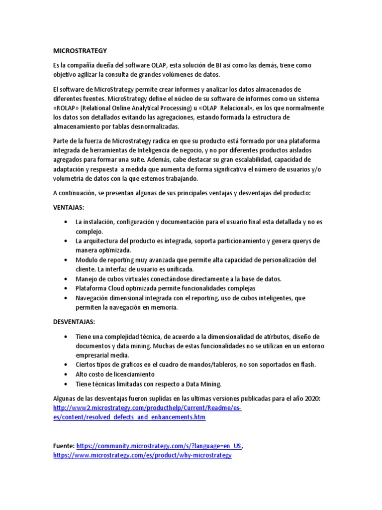 Ventajas y desventajas de MicroStrategy | PDF | Gestión de datos | Software