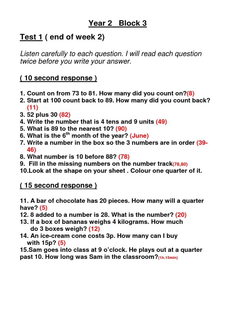 Year 2 Mental Math Tests | PDF | Teaching Mathematics