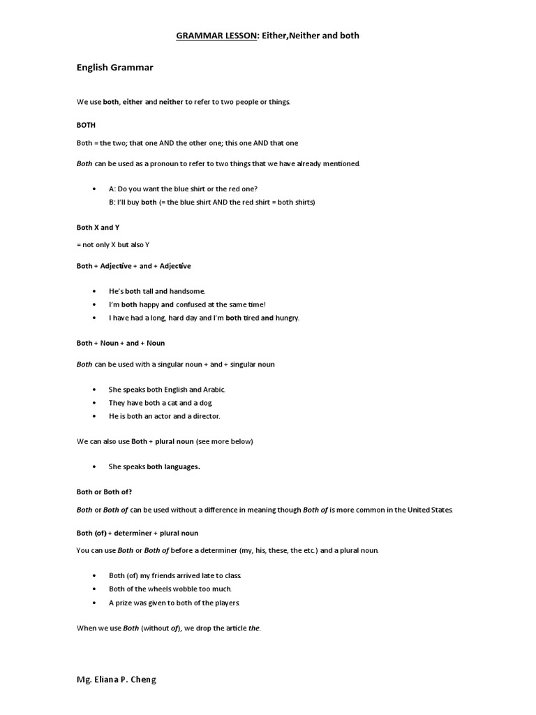 English Grammar: GRAMMAR LESSON: Either, Neither and Both | PDF ...