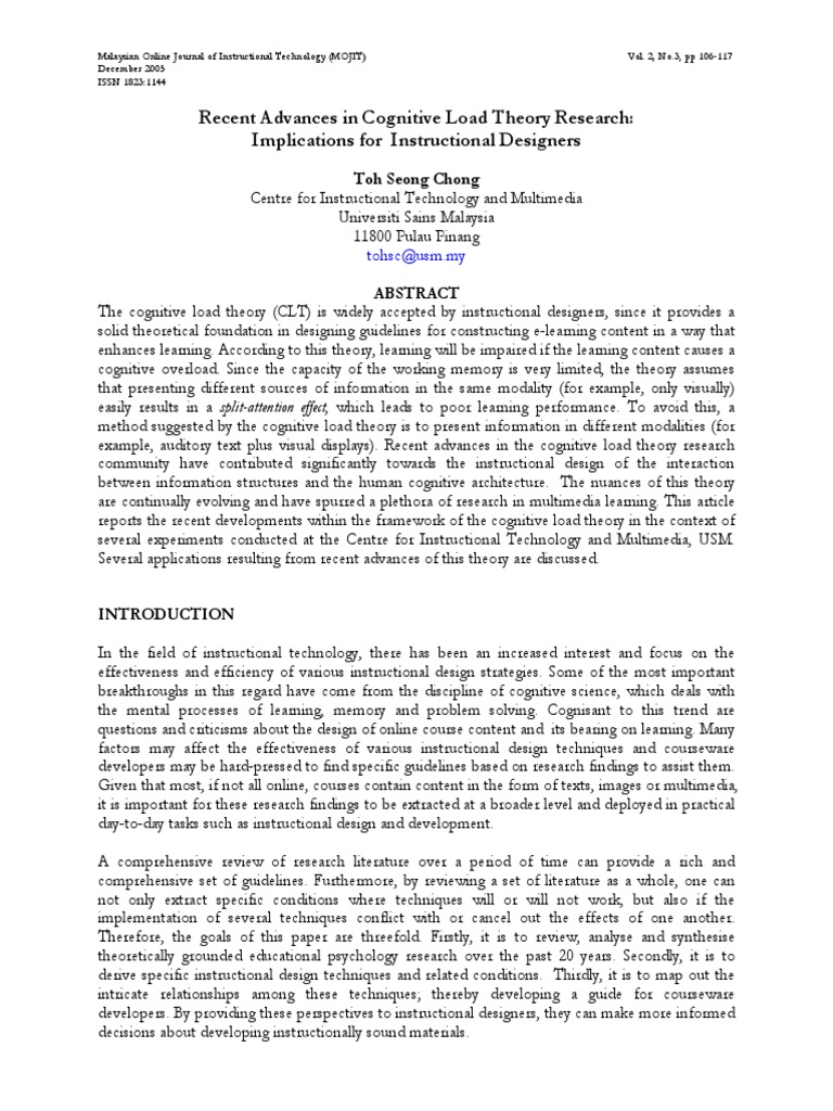 Recent Advances in Cognitive Load Theory Research: Implications For ...