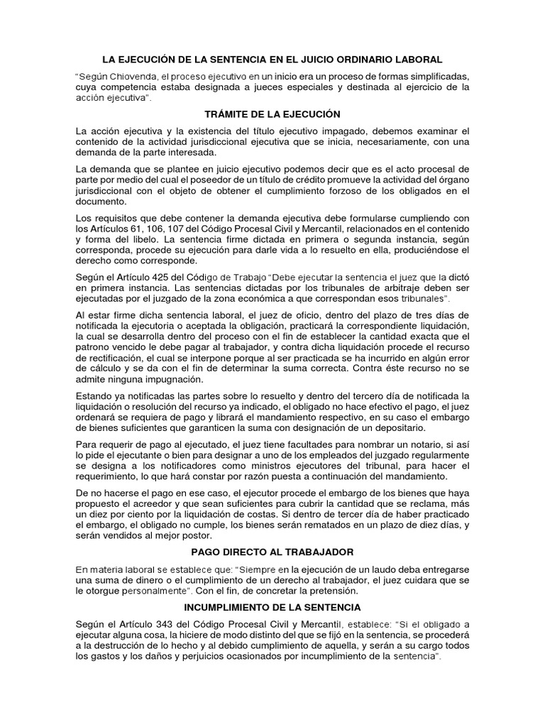 La Ejecución de La Sentencia en El Juicio Ordinario Laboral | PDF ...