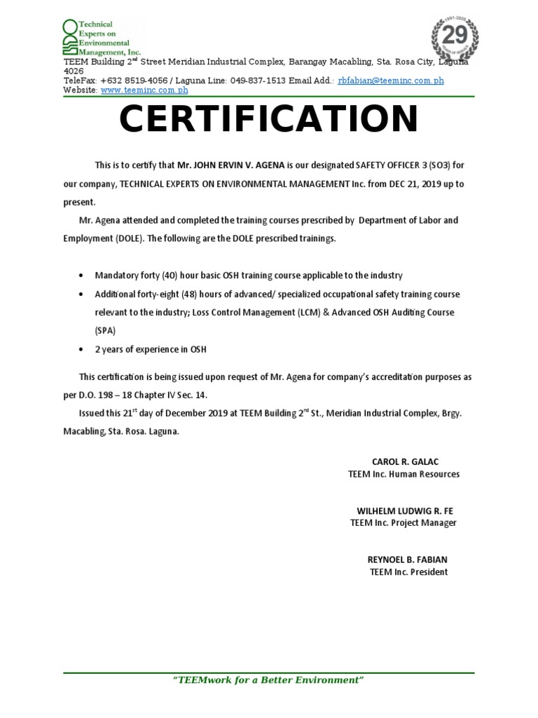 Certification Agena Pdf Business