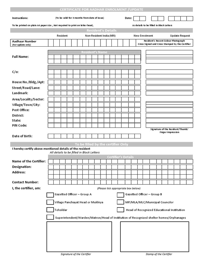 Certificate For Aadhar Enrolment | PDF | Document | Written Communication