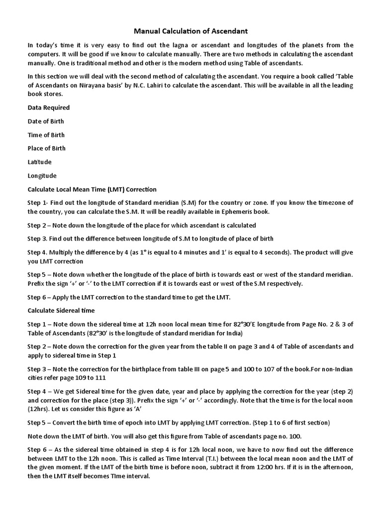 Manual Calculation Of Ascendant Data Required Pdf Longitude Latitude