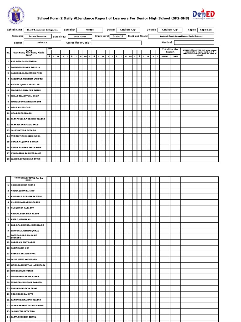 School form 2 daily attendance report of learners for senior high