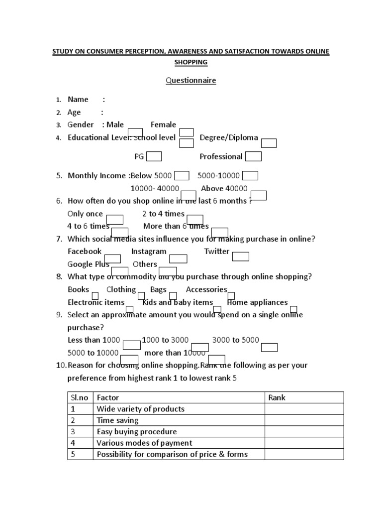 Questionnaire of Online Shopping by Rukhiya PDF Online Shopping Retail