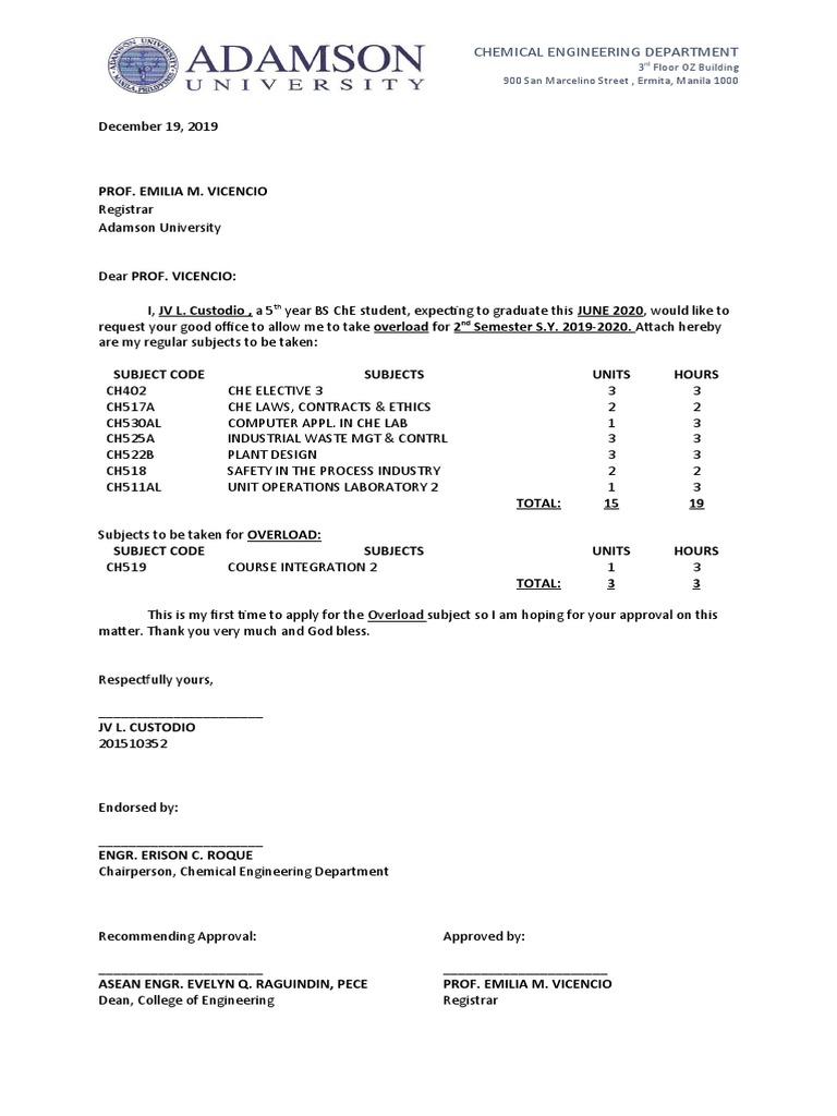 Overload Request for BS ChE Students | PDF | Science | Chemistry