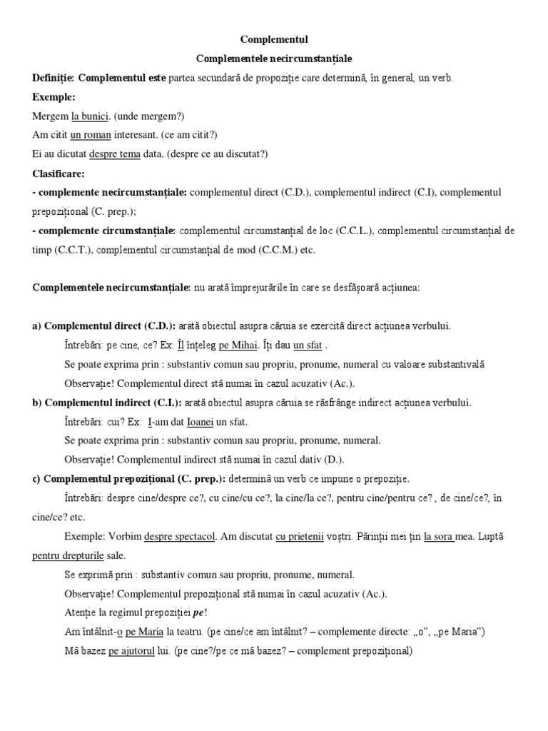 Complementul. Complementele Necircumstanțiale | PDF
