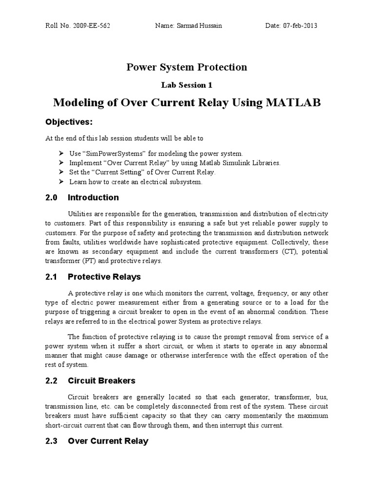 Modeling of Over Current Relay Using MATLAB: Power System Protection ...